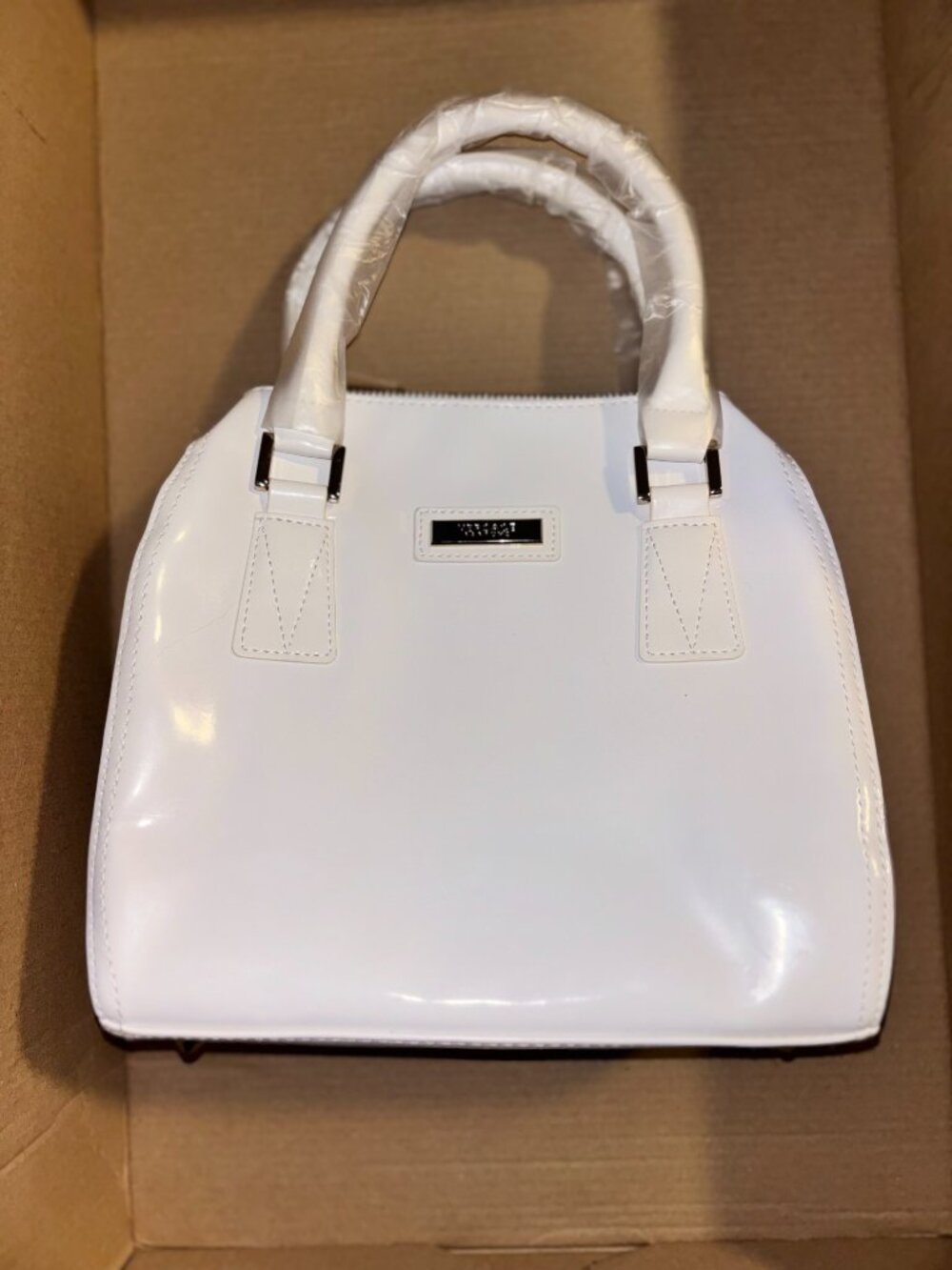NWT Versace White Satchel + Fox Tail Charm Dust Bag Purse